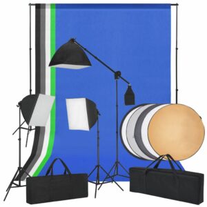 Fotostudio-Set mit Softboxlichtern, Hintergründen und einem Reflektor