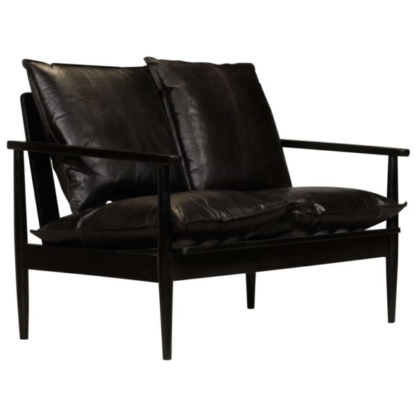 2-Sitzer-Sofa Leder mit Akazienholz Schwarz