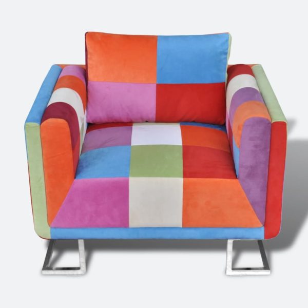 Würfel-Sessel mit verchromten Füßen Patchwork-Design Stoff