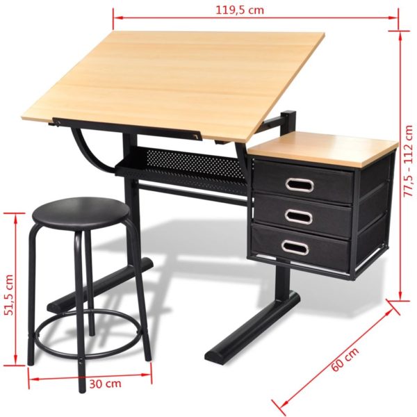 Zeichentisch mit neigbarer Tischplatte 3 Schubladen und Hocker
