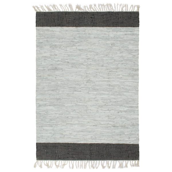 Handgewebter Chindi-Teppich Leder 160×230 cm Hellgrau Schwarz