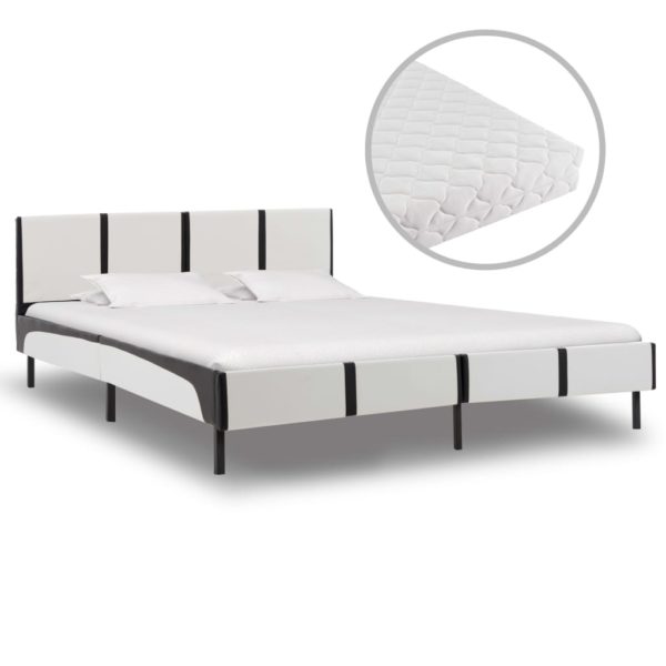 Bett mit Matratze Weiß und Schwarz Kunstleder 160 x 200 cm