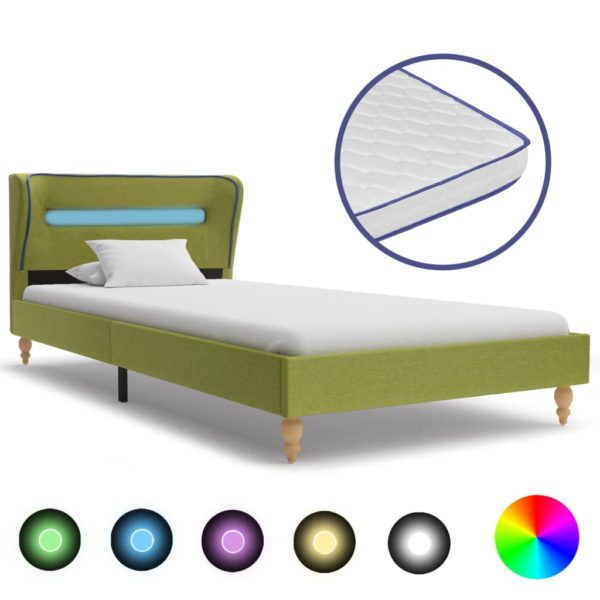 Bett mit LED und Memory-Schaum-Matratze Grün Stoff 90×200 cm