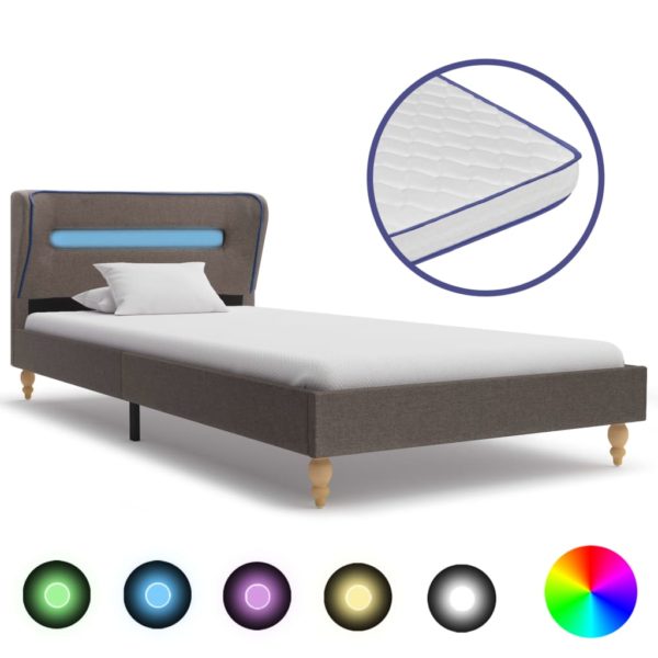 Bett mit LED und Memory-Schaum-Matratze Taupe Stoff 90×200 cm