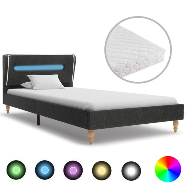 Bett mit LED und Matratze Dunkelgrau Sackleinen 90 x 200 cm