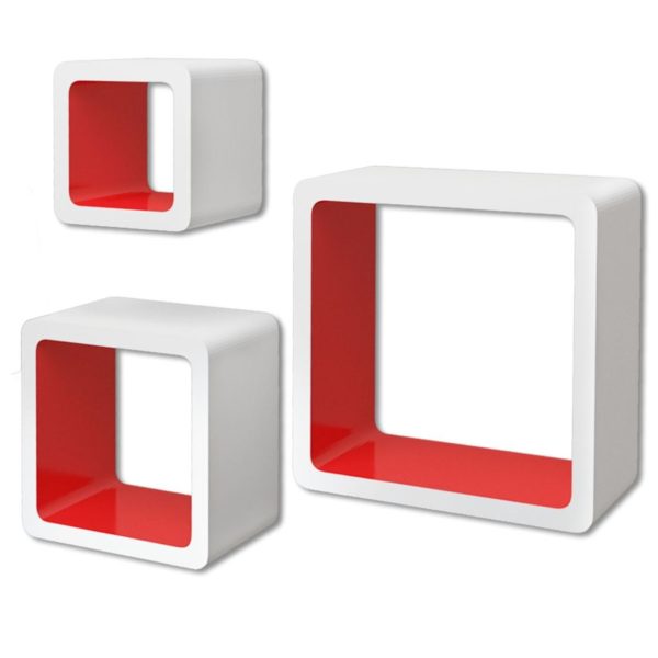 3er Set MDF Hängeregal Wandregal Cube Regal für Bücher/DVD, weiß-rot