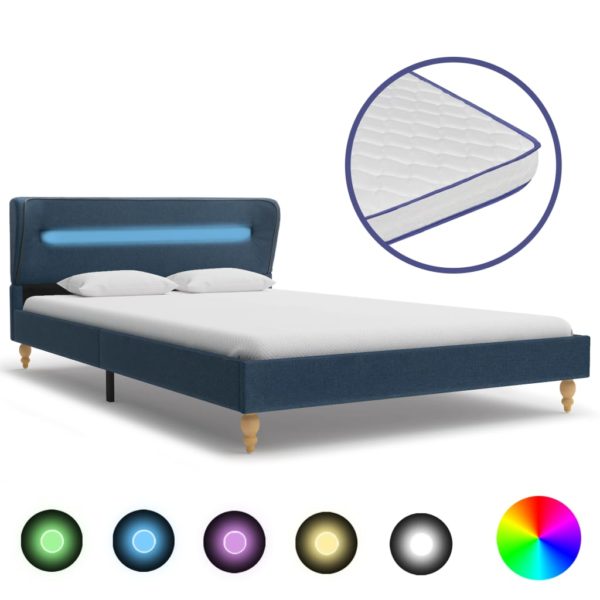 Bett mit LED und Memory-Schaum-Matratze Blau Stoff 120×200 cm