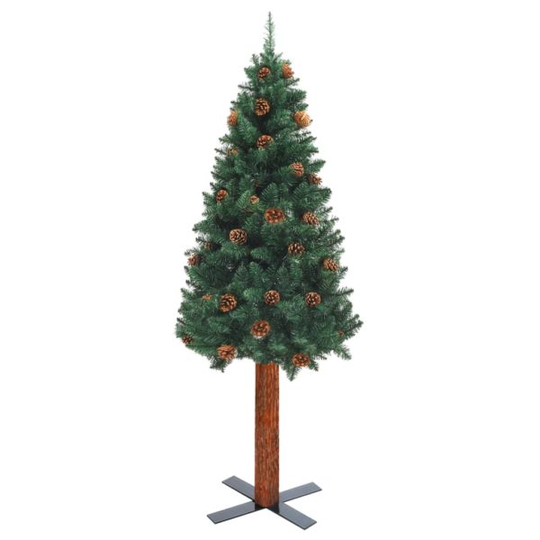 Schlanker Weihnachtsbaum mit Echtholz und Zapfen Grün 150cm PVC