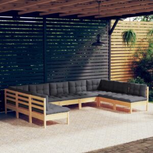 9-tlg. Garten-Lounge-Set mit Grauen Kissen Kiefer Massivholz