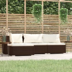 4-tlg. Garten-Lounge-Set mit Auflagen Braun Poly Rattan
